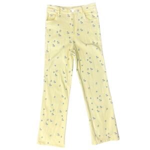 Princess Polly Butter Yellow Blue Ivy Floral High Waist Stretch Jeans Pants Sz S